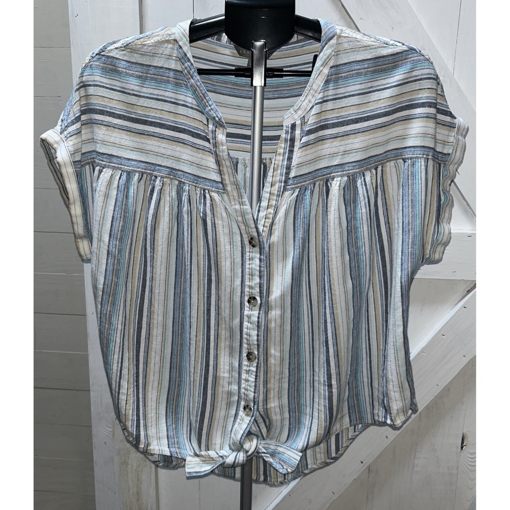 sharagano Button Up Shirt Women's Size L Striped Short Sleeve Tie Front Casual